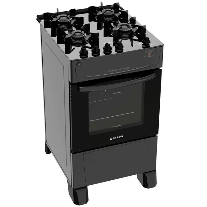 Fogão 4 Bocas Atlas Mônaco Top Glass com Mesa de Vidro e Acendimento Automático Preto Bivolt